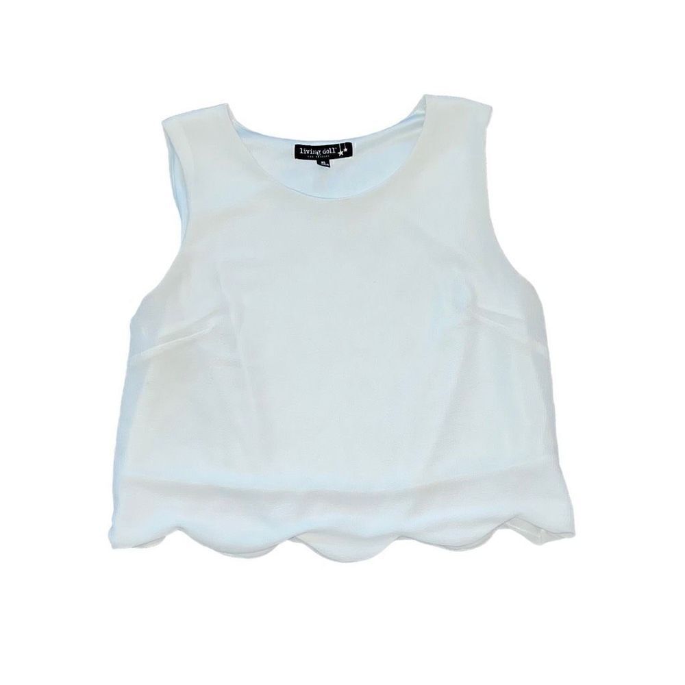 LIVING DOLL White Tank Top 3/4” Blouse W/ Scalloped Edges Size XL
